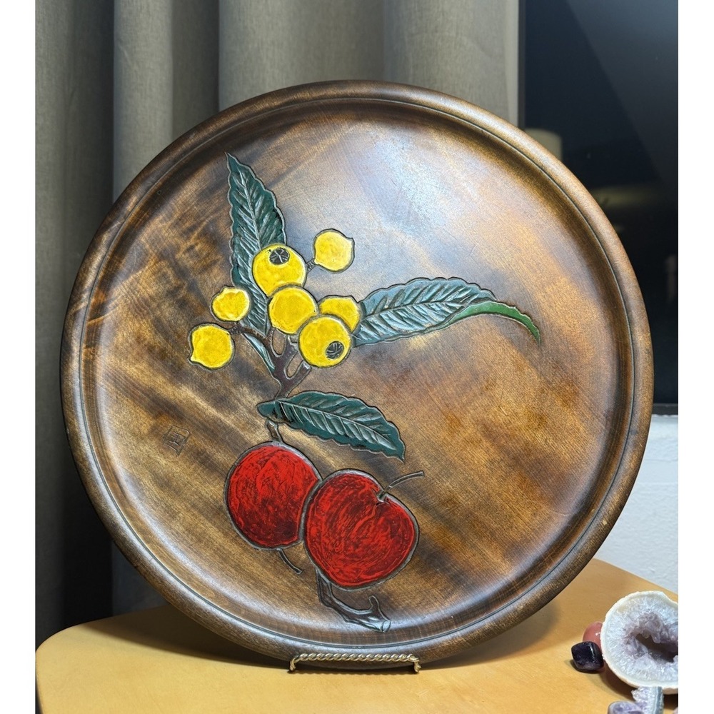Vintage Signed Japanese Hand Carved Wood Plate,  Fruit Pattern Design 14" Wide
